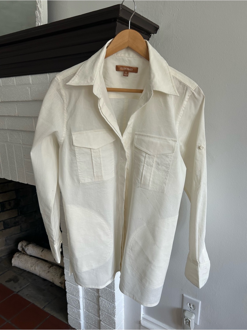 Ellen Tracy Cream Linen Blend Button-Front Utility Tunic